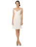 A-line V Neck Ivory Tulle Pleated Knee Length Bridesmaid Dress